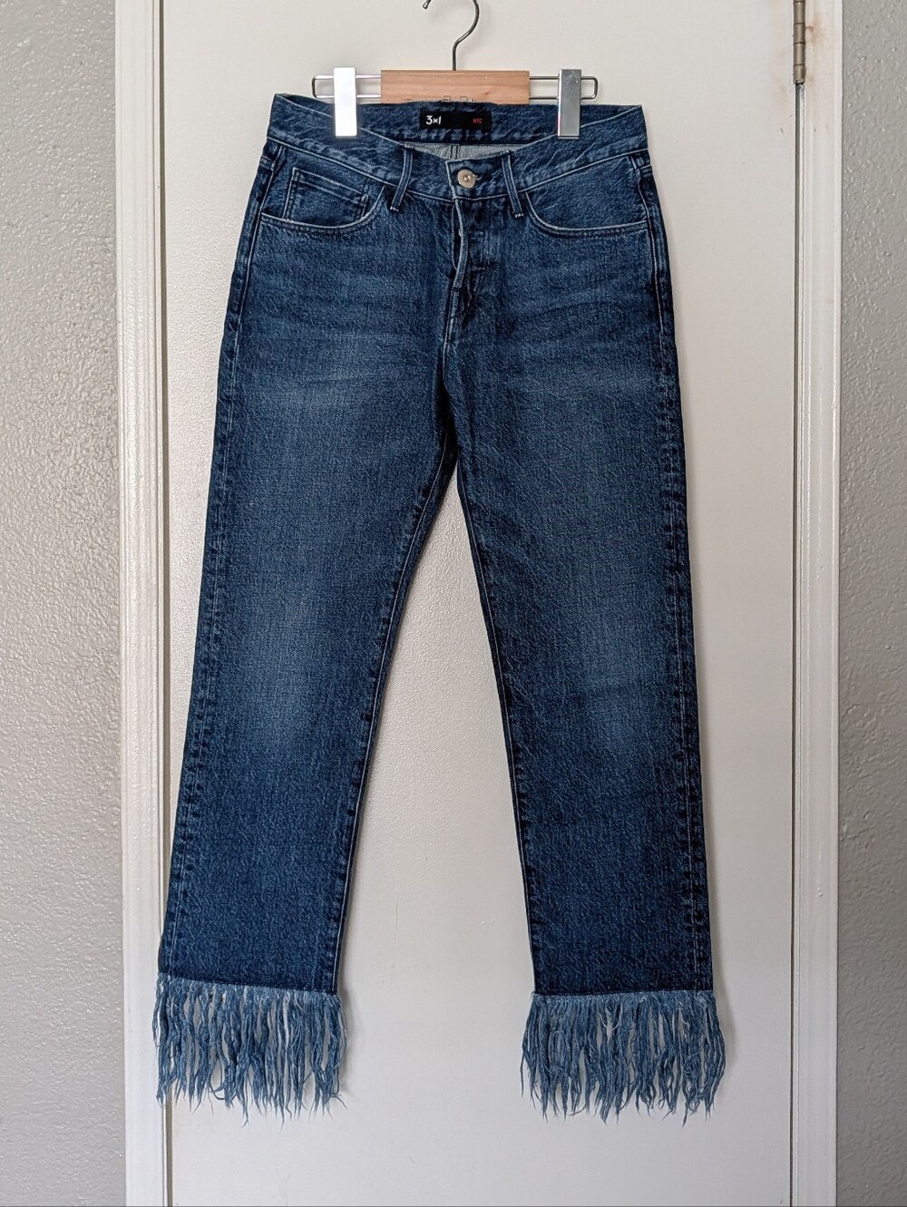 3×1 Women’s Dark Blue Fringe Hem Straight Jeans Size 24